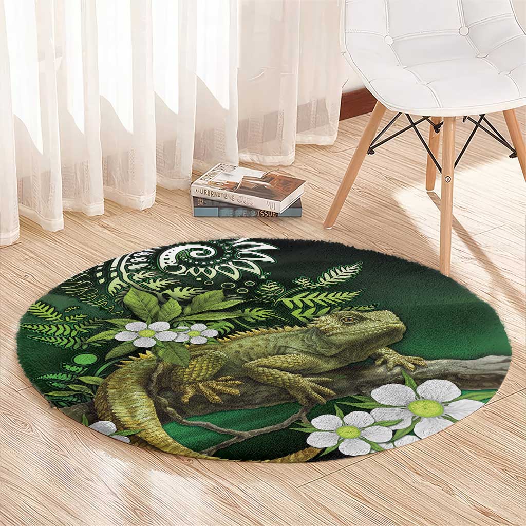 Aotearoa New Zealand Tuatara Round Carpet Maori Koru Art