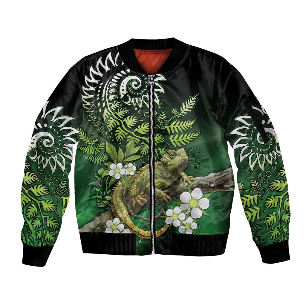 Aotearoa New Zealand Tuatara Sleeve Zip Bomber Jacket Maori Koru Art LT05 Unisex Green - Polynesian Pride