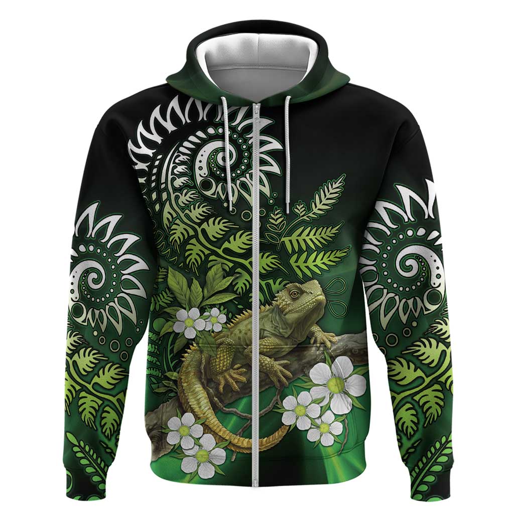 Aotearoa New Zealand Tuatara Zip Hoodie Maori Koru Art LT05 Zip Hoodie Green - Polynesian Pride