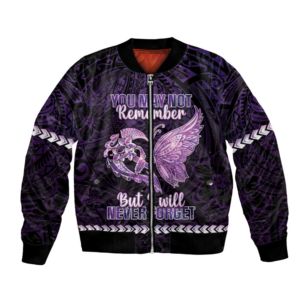 Personalised Alzheimer's Awareness Bomber Jacket You May Not Remember But I Will Never Forget LT05 Unisex Purple - Polynesian Pride