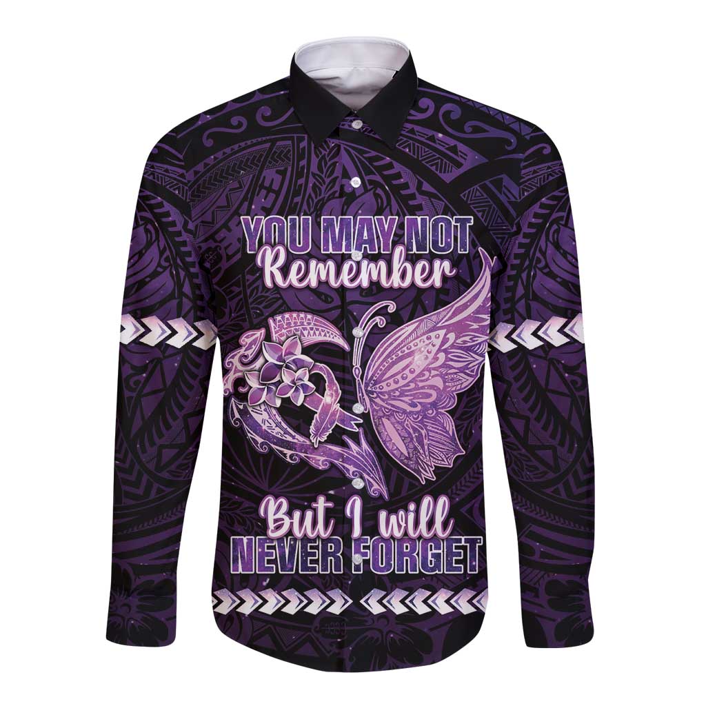 Personalised Alzheimer's Awareness Long Sleeve Button Shirt You May Not Remember But I Will Never Forget LT05 Unisex Purple - Polynesian Pride