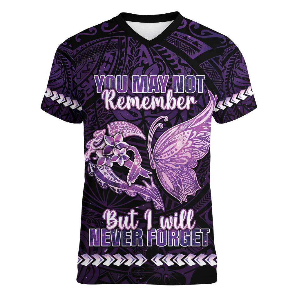 Personalised Alzheimer's Awareness Women V-Neck T-Shirt You May Not Remember But I Will Never Forget LT05 Female Purple - Polynesian Pride