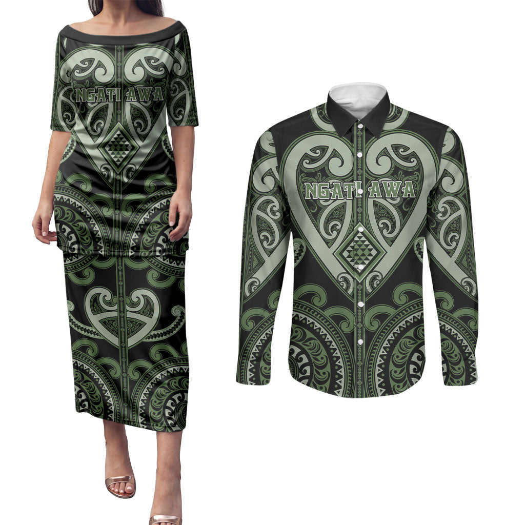 Custom Aotearoa Ngati Awa Couples Matching Puletasi and Long Sleeve Button Shirt Maori Tribal Pattern