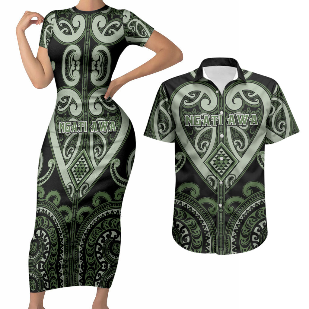 Custom Aotearoa Ngati Awa Couples Matching Short Sleeve Bodycon Dress and Hawaiian Shirt Maori Tribal Pattern