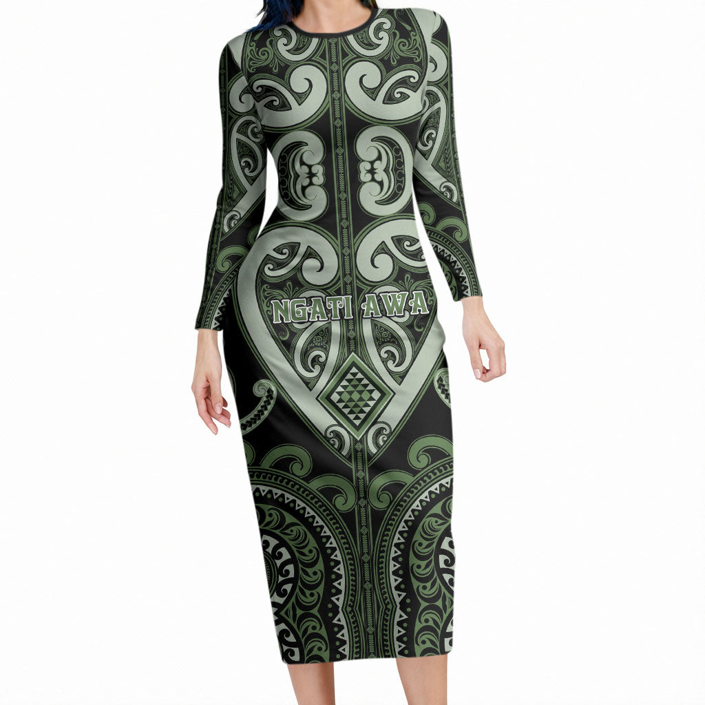 Custom Aotearoa Ngati Awa Long Sleeve Bodycon Dress Maori Tribal Pattern