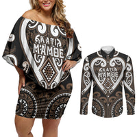 Custom Aotearoa Kati Mamoe Couples Matching Off Shoulder Short Dress and Long Sleeve Button Shirt Maori Tribal Pattern LT05 Brown - Polynesian Pride