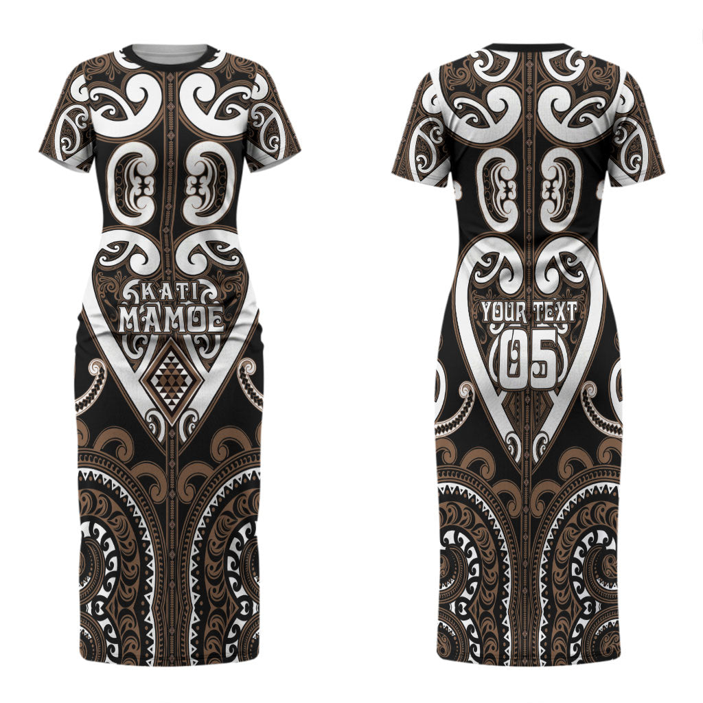 Custom Aotearoa Kati Mamoe Family Matching Short Sleeve Bodycon Dress and Hawaiian Shirt Maori Tribal Pattern LT05 Mom's Dress Brown - Polynesian Pride
