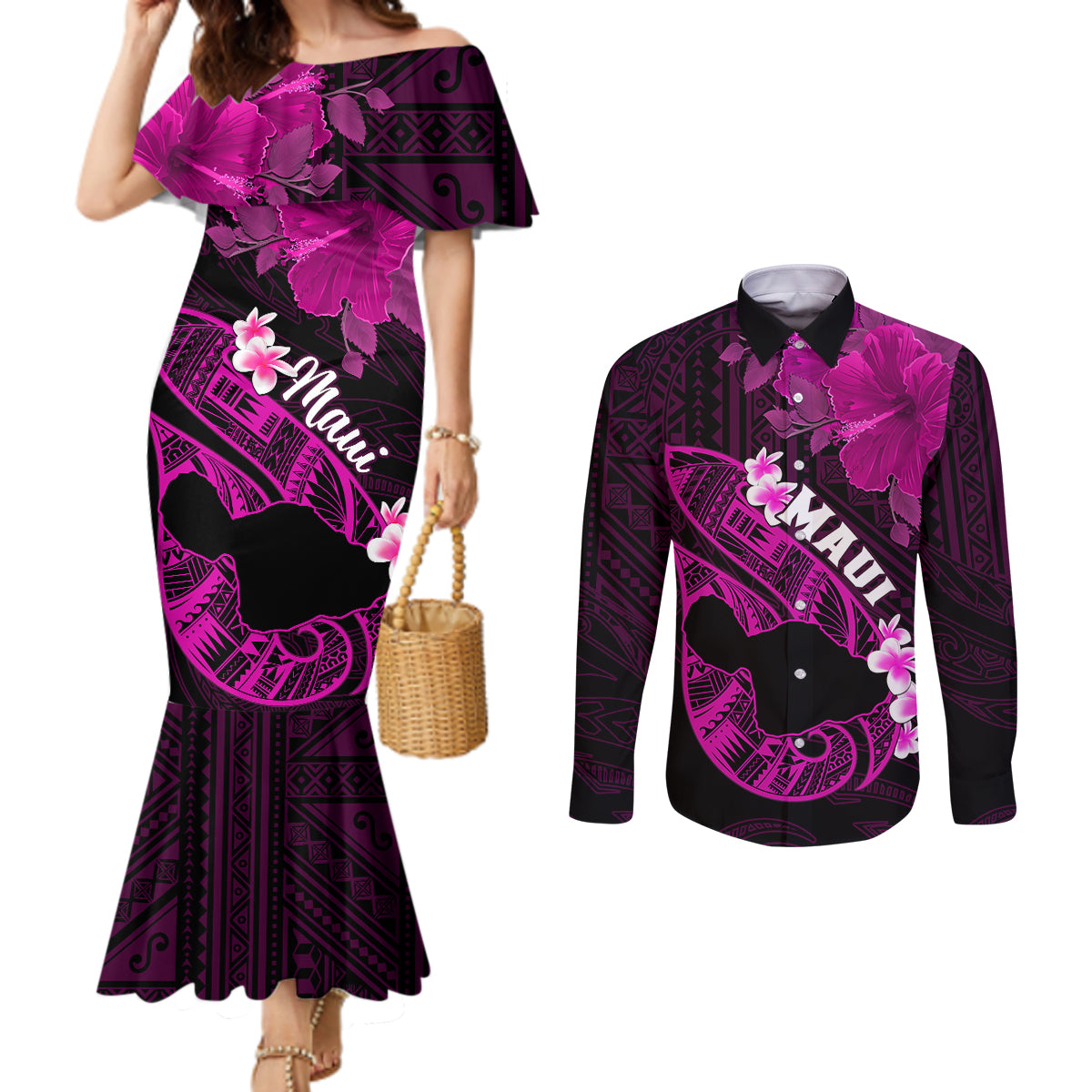 Hawaii Maui Couples Matching Mermaid Dress and Long Sleeve Button Shirts Polynesian Fish Hook Hibiscus Pink Version LT05 Pink - Polynesian Pride