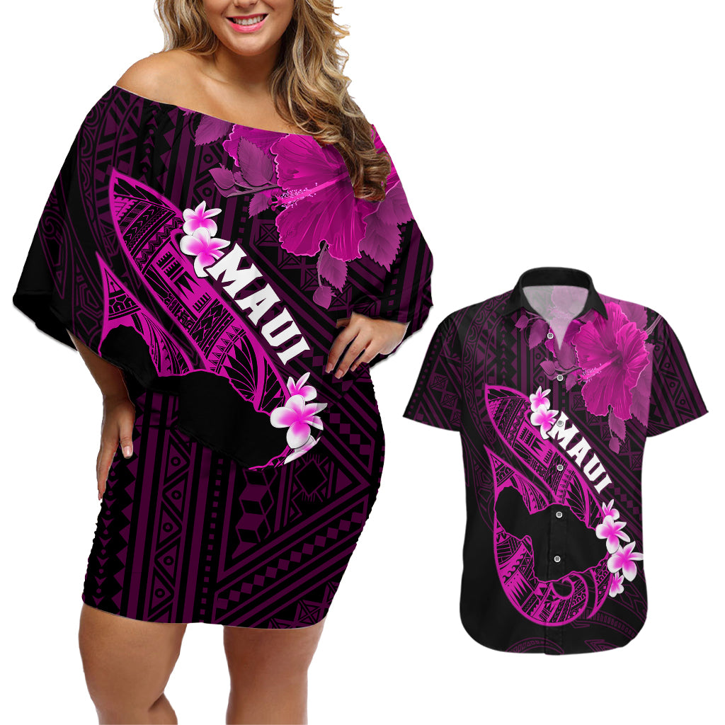 Hawaii Maui Couples Matching Off Shoulder Short Dress and Hawaiian Shirt Polynesian Fish Hook Hibiscus Pink Version LT05 Pink - Polynesian Pride