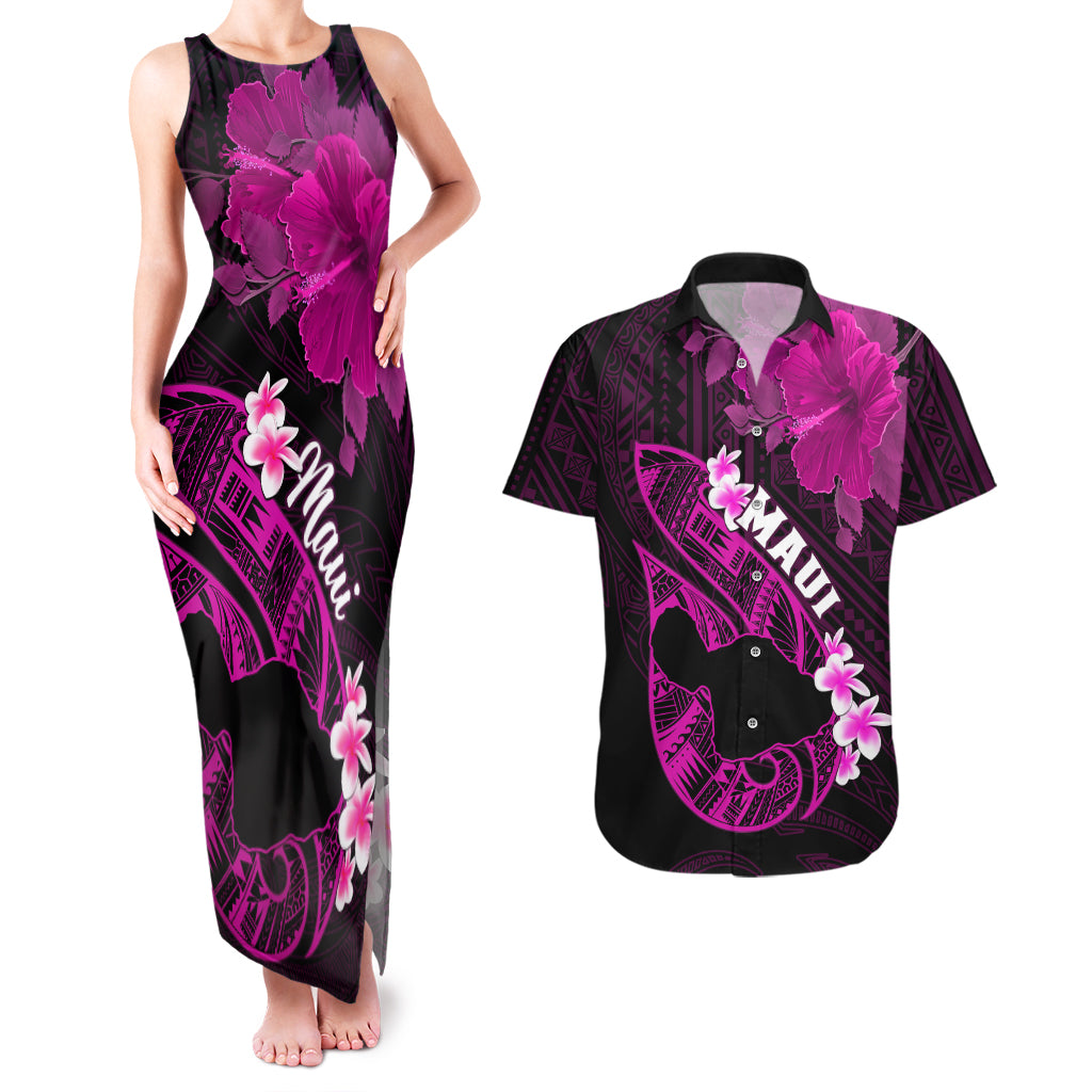 Hawaii Maui Couples Matching Tank Maxi Dress and Hawaiian Shirt Polynesian Fish Hook Hibiscus Pink Version LT05 Pink - Polynesian Pride