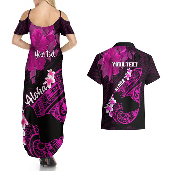 Hawaii Maui Couples Matching Summer Maxi Dress and Long Sleeve Button Shirts Polynesian Fish Hook Hibiscus Pink Version LT05 main image 1