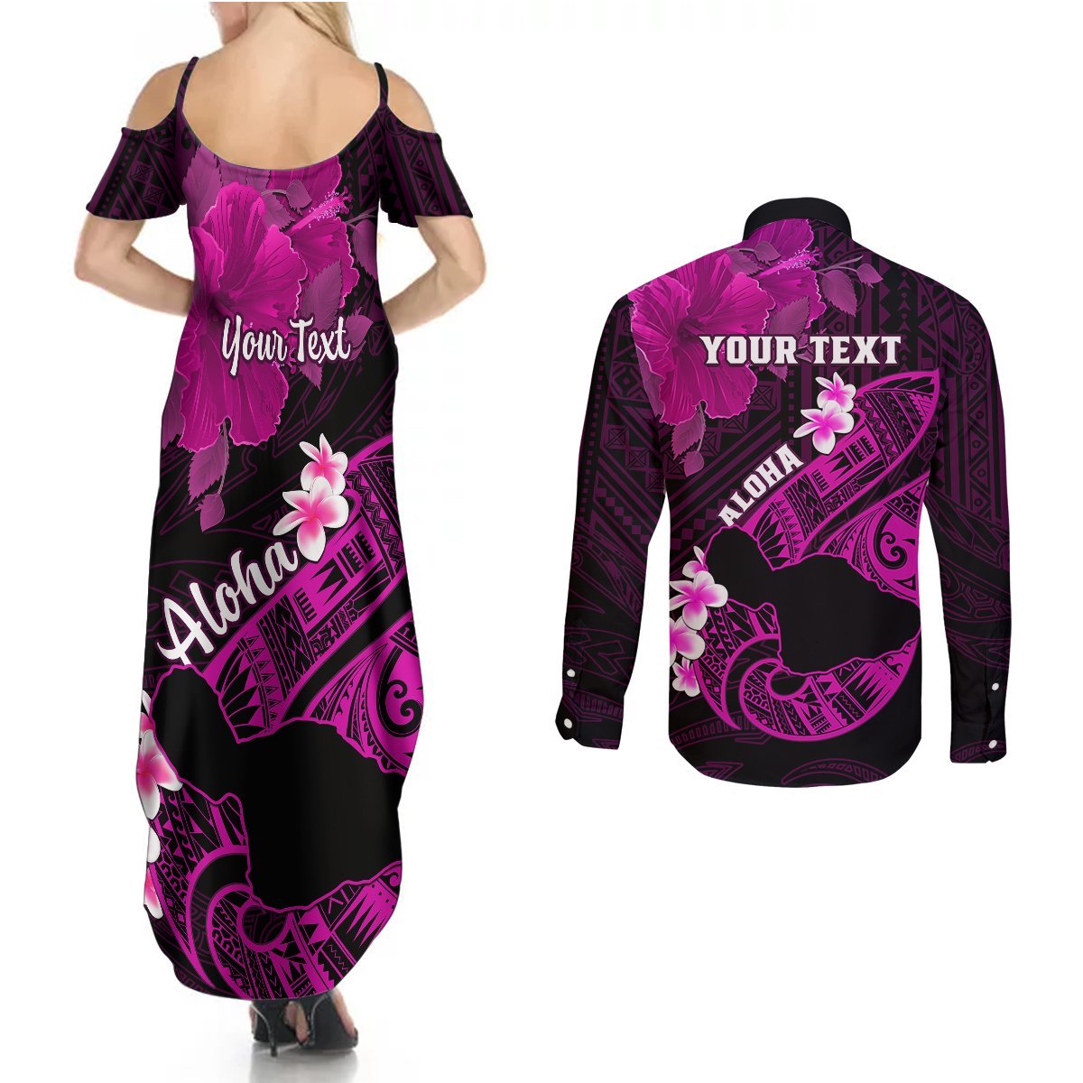 Personalized Hawaii Maui Couples Matching Summer Maxi Dress and Long Sleeve Button Shirts Polynesian Fish Hook Hibiscus Pink Version LT05 - Polynesian Pride
