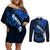 Hawaii Maui Couples Matching Off Shoulder Short Dress and Long Sleeve Button Shirts Polynesian Fish Hook Hibiscus Blue Version LT05 Blue - Polynesian Pride