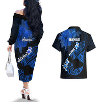 Hawaii Maui Couples Matching Off The Shoulder Long Sleeve Dress and Hawaiian Shirt Polynesian Fish Hook Hibiscus Blue Version LT05 - Polynesian Pride
