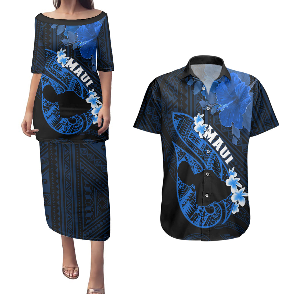 Hawaii Maui Couples Matching Puletasi Dress and Hawaiian Shirt Polynesian Fish Hook Hibiscus Blue Version LT05 Blue - Polynesian Pride