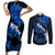 Hawaii Maui Couples Matching Short Sleeve Bodycon Dress and Long Sleeve Button Shirts Polynesian Fish Hook Hibiscus Blue Version LT05 Blue - Polynesian Pride