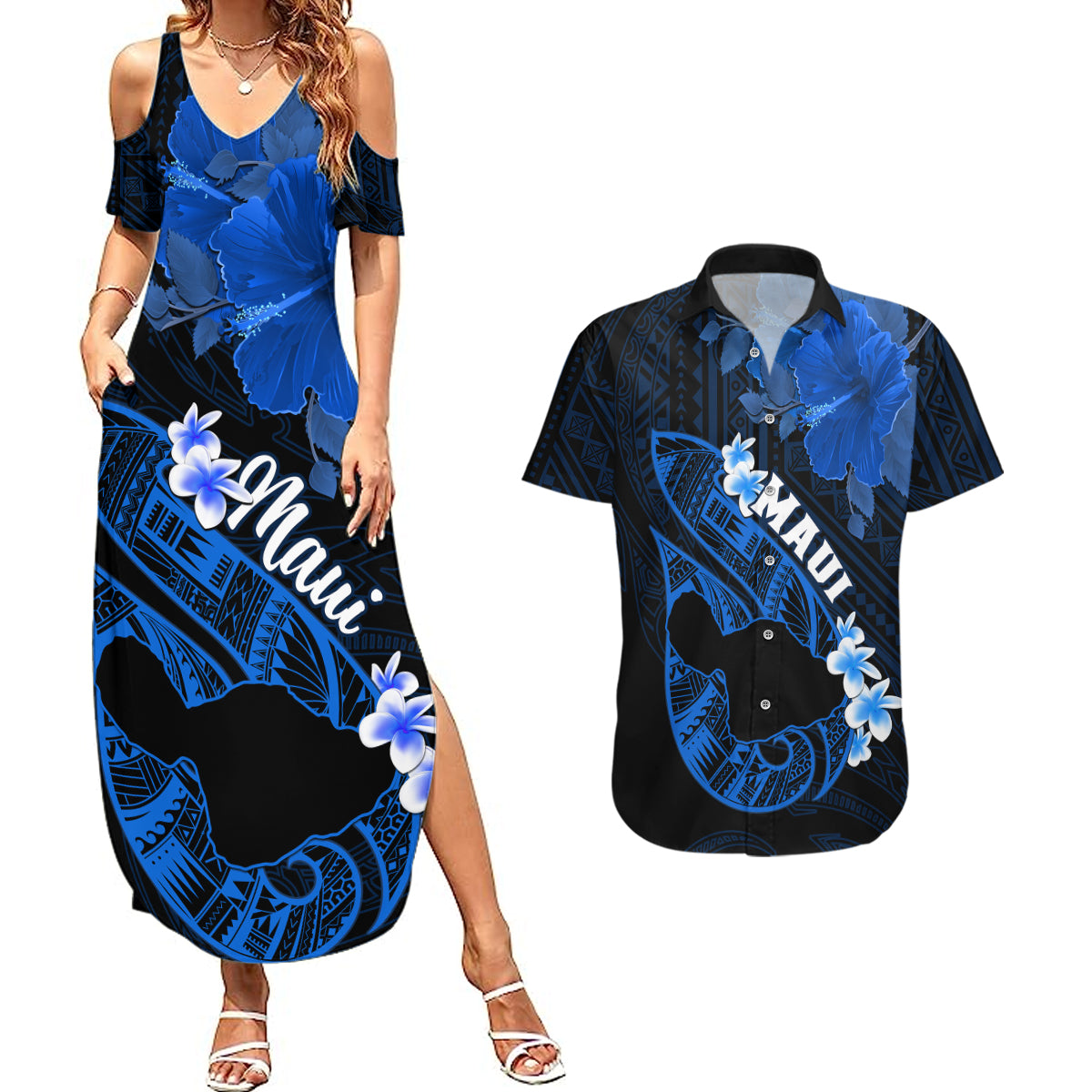 Hawaii Maui Couples Matching Summer Maxi Dress and Hawaiian Shirt Polynesian Fish Hook Hibiscus Blue Version LT05 Blue - Polynesian Pride