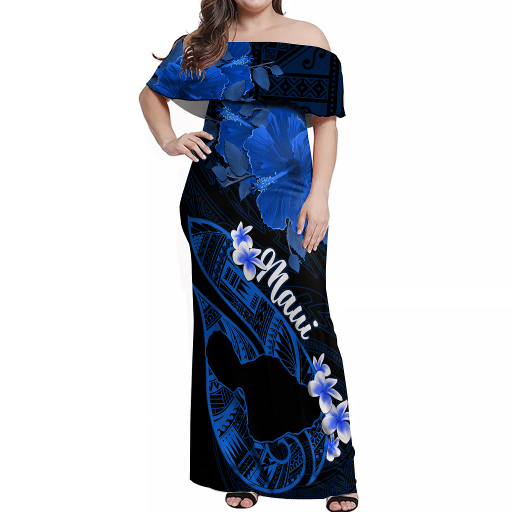 Hawaii Maui Off Shoulder Maxi Dress Polynesian Fish Hook Hibiscus Blue Version LT05 Women Blue - Polynesian Pride