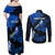 Personalized Hawaii Maui Couples Matching Off Shoulder Maxi Dress and Long Sleeve Button Shirts Polynesian Fish Hook Hibiscus Blue Version LT05 - Polynesian Pride