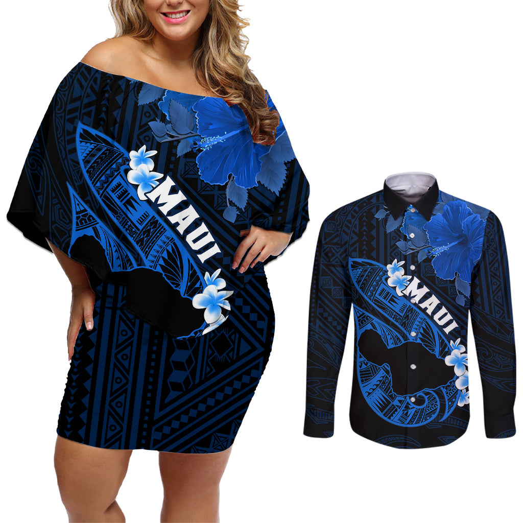 Personalized Hawaii Maui Couples Matching Off Shoulder Short Dress and Long Sleeve Button Shirts Polynesian Fish Hook Hibiscus Blue Version LT05 Blue - Polynesian Pride