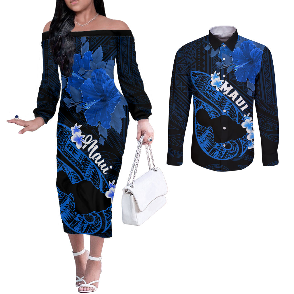 Personalized Hawaii Maui Couples Matching Off The Shoulder Long Sleeve Dress and Long Sleeve Button Shirts Polynesian Fish Hook Hibiscus Blue Version LT05 Blue - Polynesian Pride