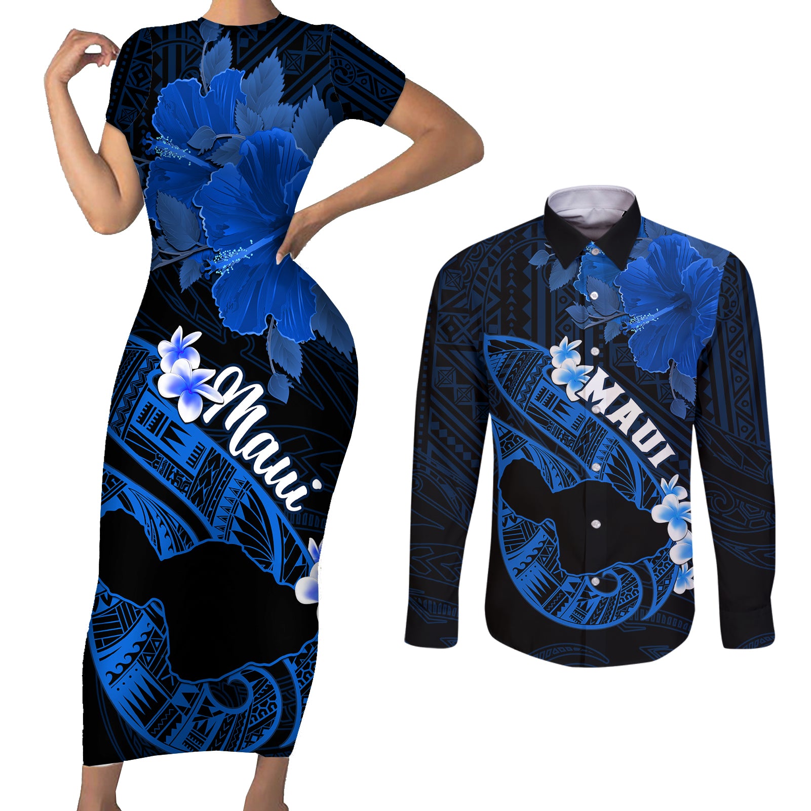 Personalized Hawaii Maui Couples Matching Short Sleeve Bodycon Dress and Long Sleeve Button Shirts Polynesian Fish Hook Hibiscus Blue Version LT05 Blue - Polynesian Pride