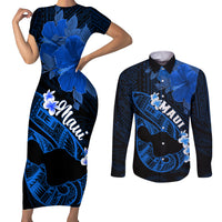 Personalized Hawaii Maui Couples Matching Short Sleeve Bodycon Dress and Long Sleeve Button Shirts Polynesian Fish Hook Hibiscus Blue Version LT05 Blue - Polynesian Pride