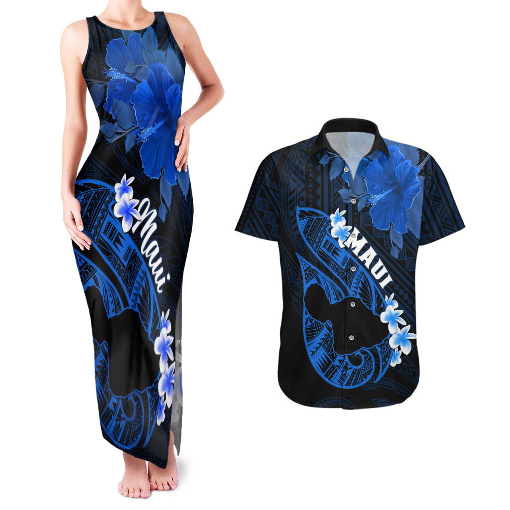 Personalized Hawaii Maui Couples Matching Tank Maxi Dress and Hawaiian Shirt Polynesian Fish Hook Hibiscus Blue Version LT05 Blue - Polynesian Pride