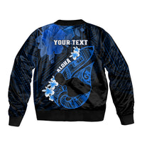 Personalized Hawaii Maui Sleeve Zip Bomber Jacket Polynesian Fish Hook Hibiscus Blue Version LT05 - Polynesian Pride