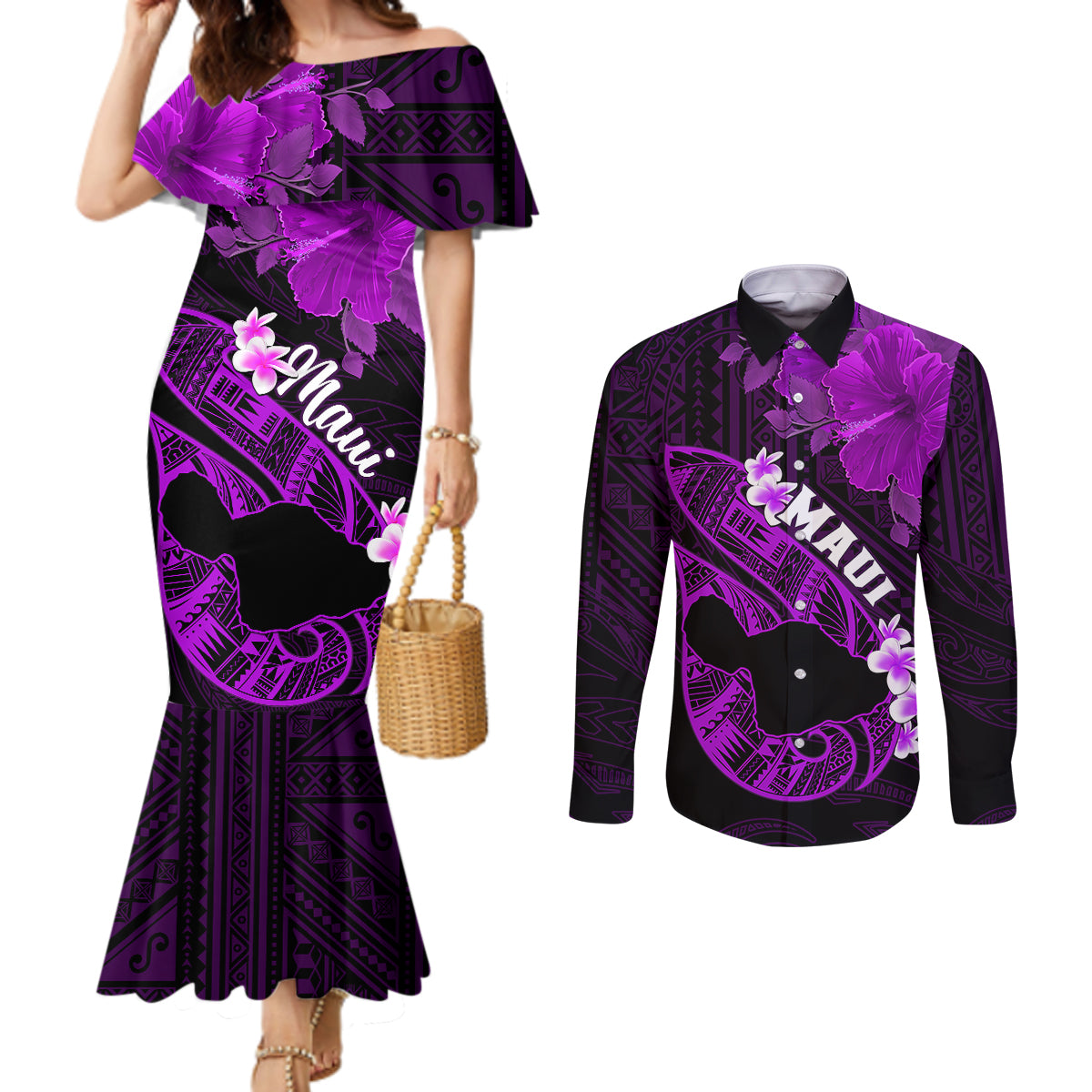 Hawaii Maui Couples Matching Mermaid Dress and Long Sleeve Button Shirts Polynesian Fish Hook Hibiscus Purple Version LT05 Purple - Polynesian Pride