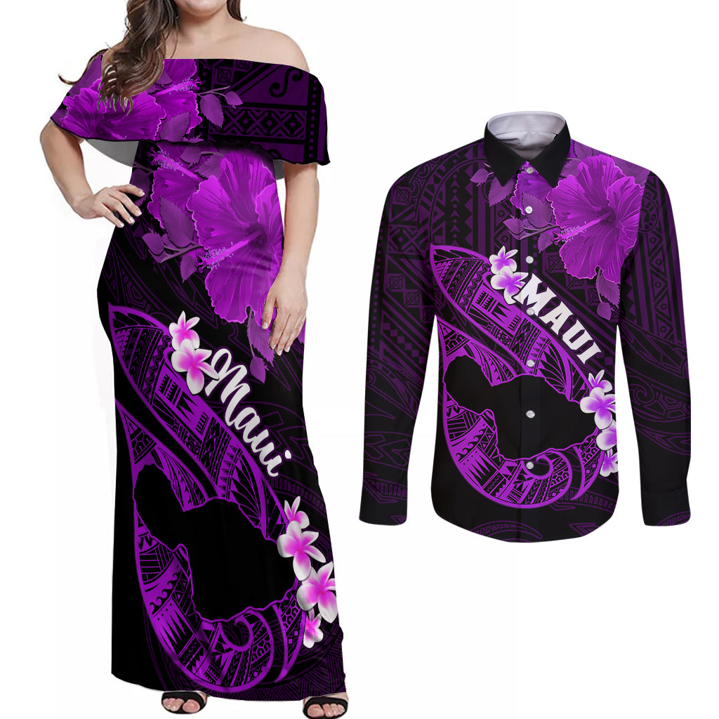Hawaii Maui Couples Matching Off Shoulder Maxi Dress and Long Sleeve Button Shirts Polynesian Fish Hook Hibiscus Purple Version LT05 Purple - Polynesian Pride