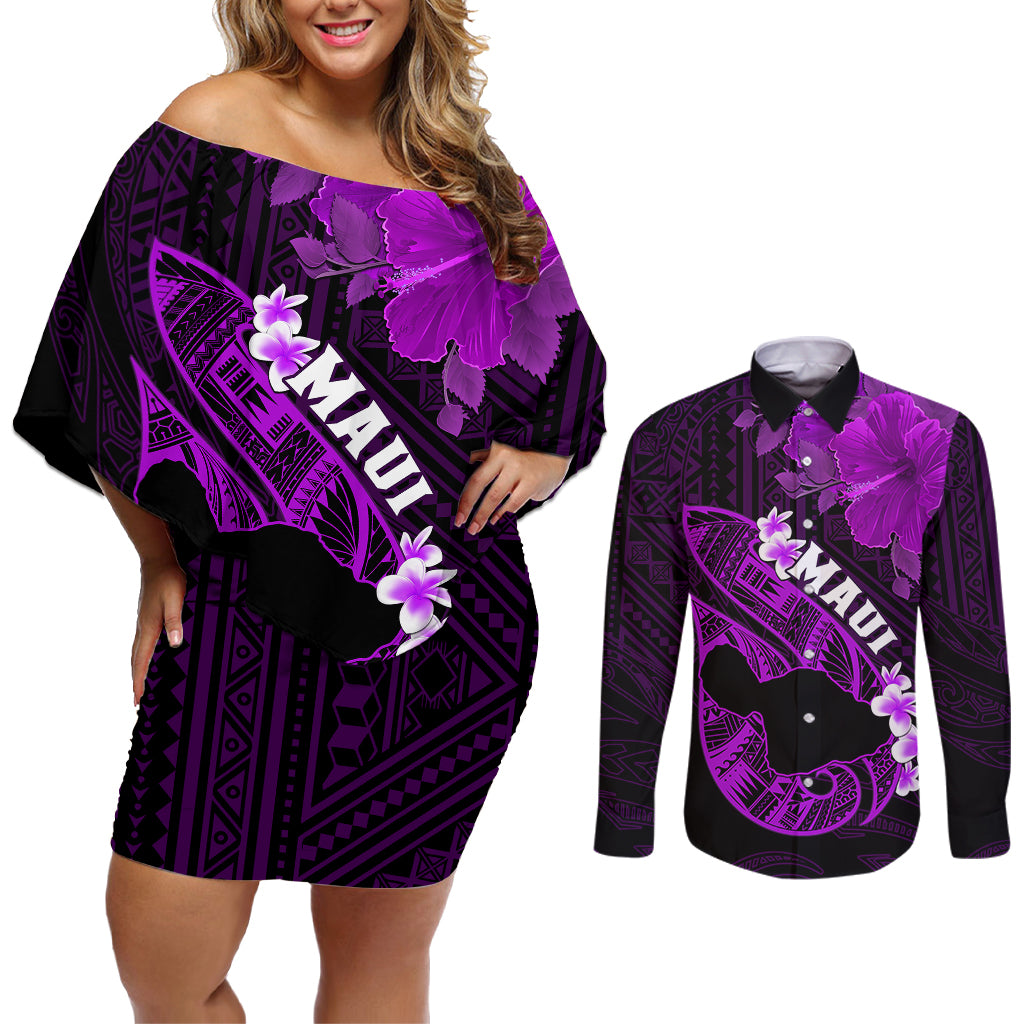 Hawaii Maui Couples Matching Off Shoulder Short Dress and Long Sleeve Button Shirts Polynesian Fish Hook Hibiscus Purple Version LT05 Purple - Polynesian Pride