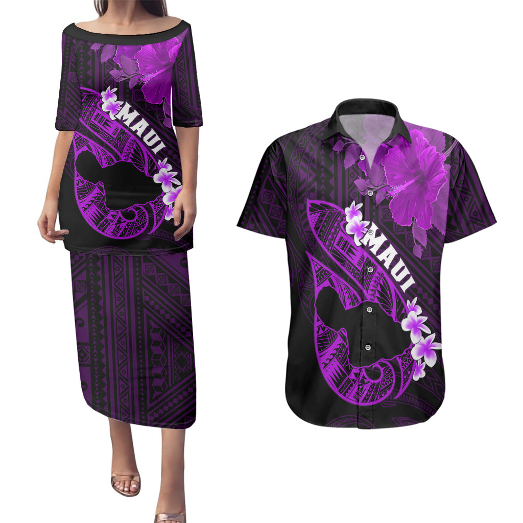 Hawaii Maui Couples Matching Puletasi Dress and Hawaiian Shirt Polynesian Fish Hook Hibiscus Purple Version LT05 Purple - Polynesian Pride