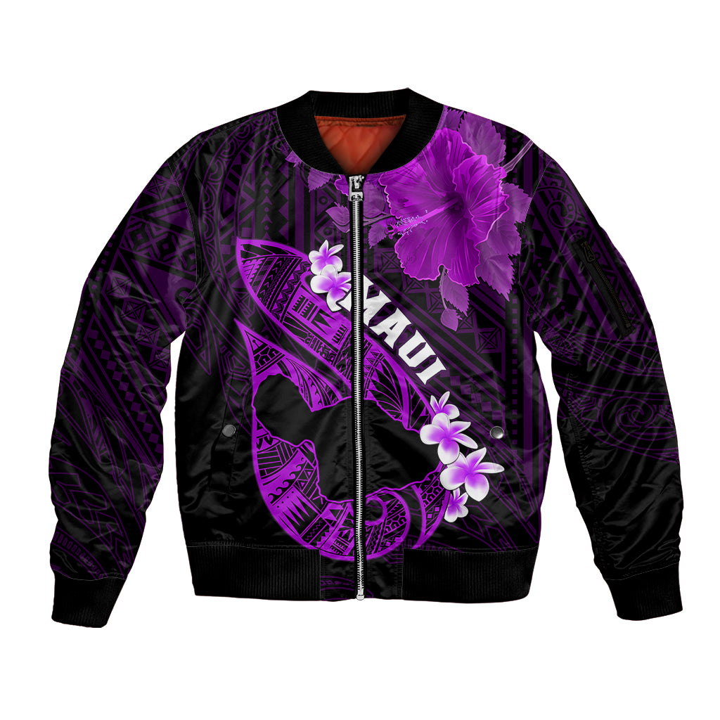 Hawaii Maui Sleeve Zip Bomber Jacket Polynesian Fish Hook Hibiscus Purple Version LT05 Unisex Purple - Polynesian Pride