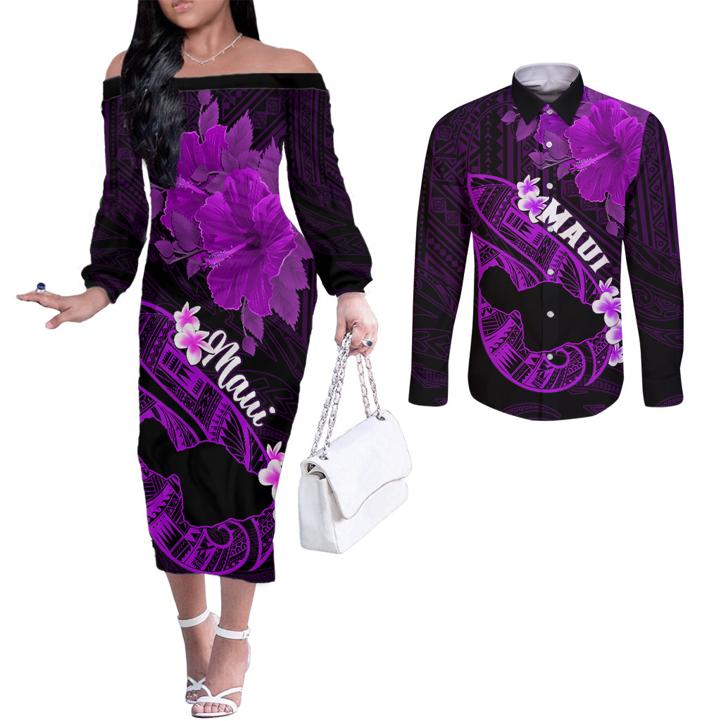 Personalized Hawaii Maui Couples Matching Off The Shoulder Long Sleeve Dress and Long Sleeve Button Shirts Polynesian Fish Hook Hibiscus Purple Version LT05 Purple - Polynesian Pride