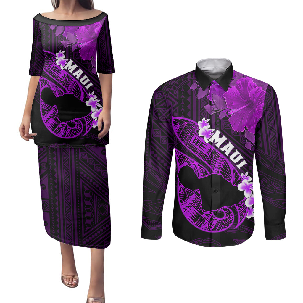 Personalized Hawaii Maui Couples Matching Puletasi Dress and Long Sleeve Button Shirts Polynesian Fish Hook Hibiscus Purple Version LT05 Purple - Polynesian Pride