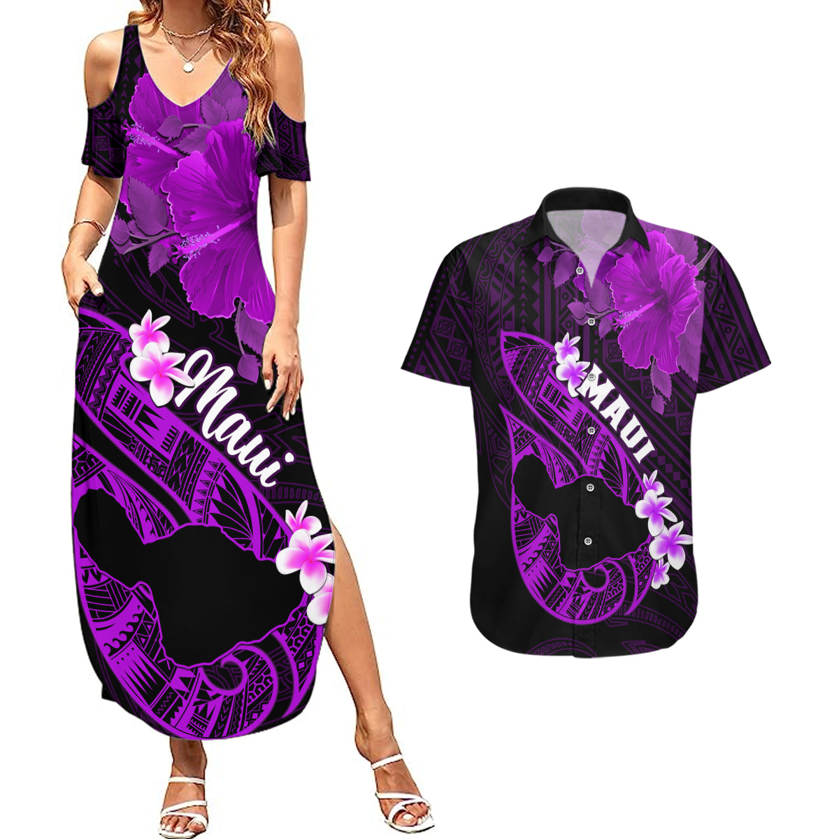 Personalized Hawaii Maui Couples Matching Summer Maxi Dress and Hawaiian Shirt Polynesian Fish Hook Hibiscus Purple Version LT05 Purple - Polynesian Pride