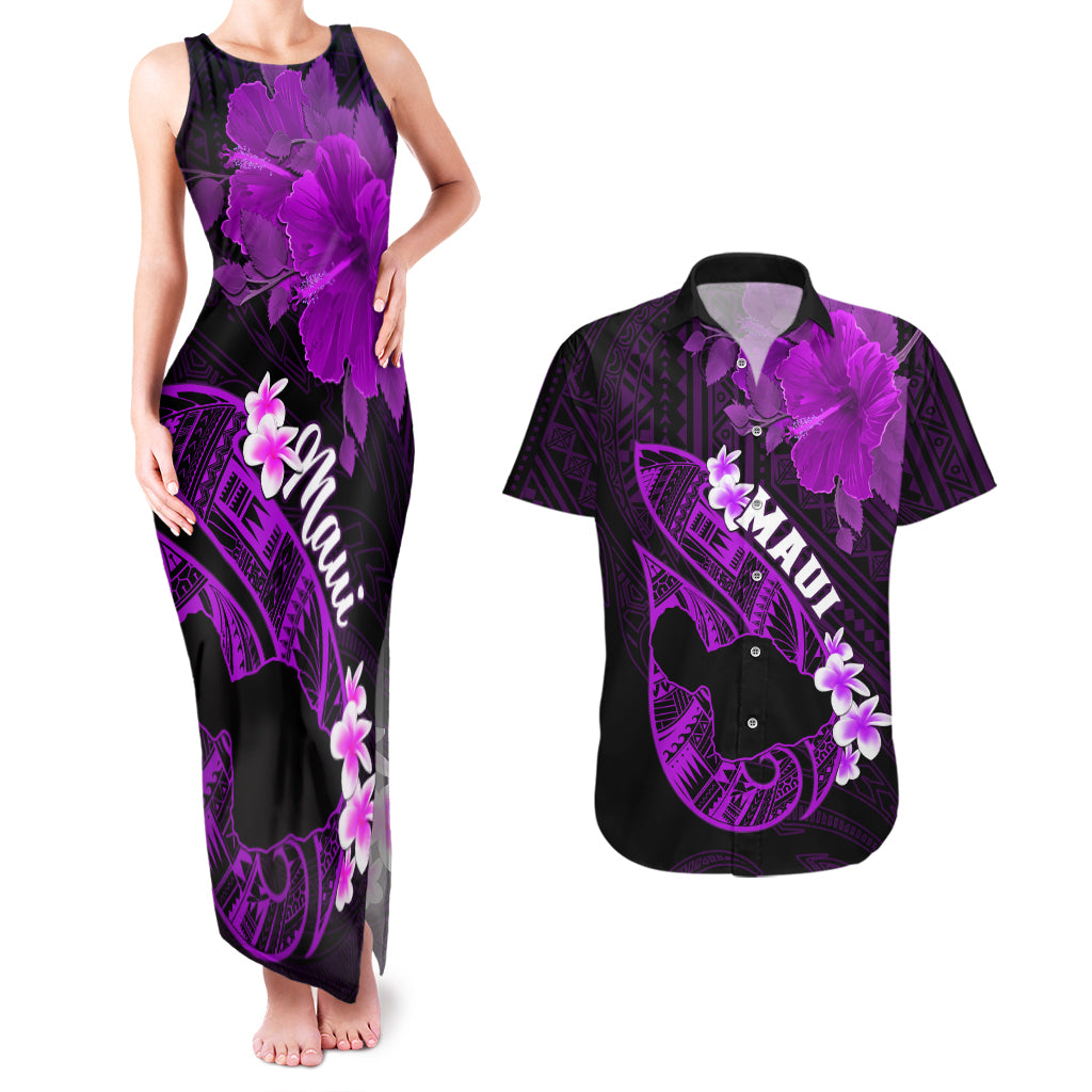 Personalized Hawaii Maui Couples Matching Tank Maxi Dress and Hawaiian Shirt Polynesian Fish Hook Hibiscus Purple Version LT05 Purple - Polynesian Pride