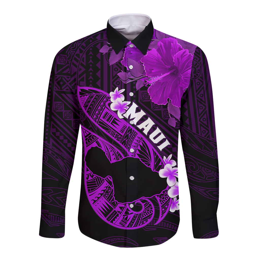 Personalized Hawaii Maui Long Sleeve Button Shirt Polynesian Fish Hook Hibiscus Purple Version LT05 Unisex Purple - Polynesian Pride