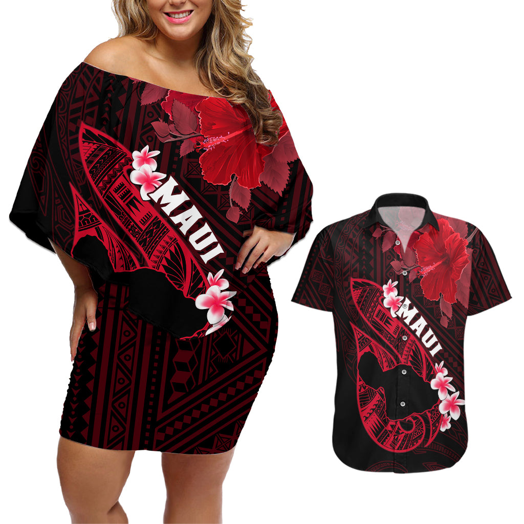 Hawaii Maui Couples Matching Off Shoulder Short Dress and Hawaiian Shirt Polynesian Fish Hook Hibiscus Red Version LT05 Red - Polynesian Pride