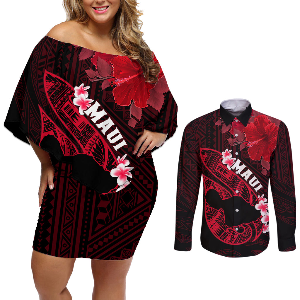 Hawaii Maui Couples Matching Off Shoulder Short Dress and Long Sleeve Button Shirts Polynesian Fish Hook Hibiscus Red Version LT05 Red - Polynesian Pride