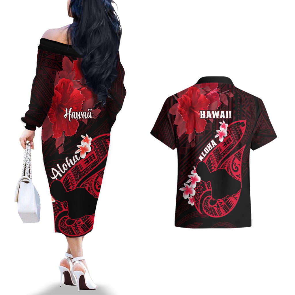 Hawaii Maui Couples Matching Off The Shoulder Long Sleeve Dress and Hawaiian Shirt Polynesian Fish Hook Hibiscus Red Version LT05 - Polynesian Pride