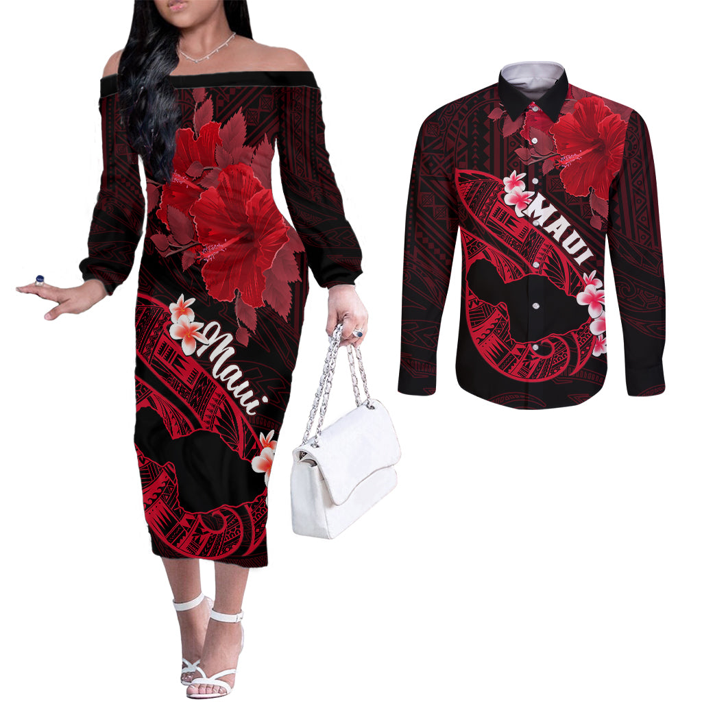 Hawaii Maui Couples Matching Off The Shoulder Long Sleeve Dress and Long Sleeve Button Shirts Polynesian Fish Hook Hibiscus Red Version LT05 Red - Polynesian Pride