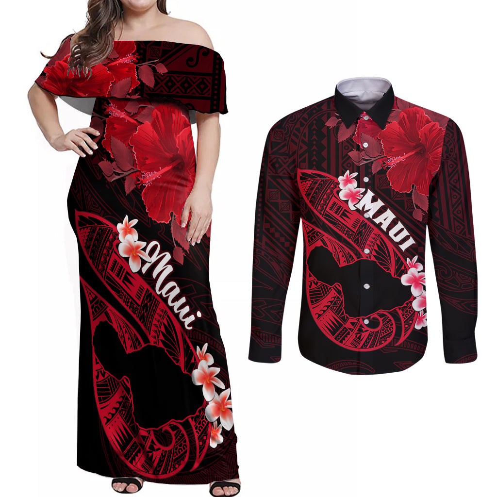Personalized Hawaii Maui Couples Matching Off Shoulder Maxi Dress and Long Sleeve Button Shirts Polynesian Fish Hook Hibiscus Red Version LT05 Red - Polynesian Pride