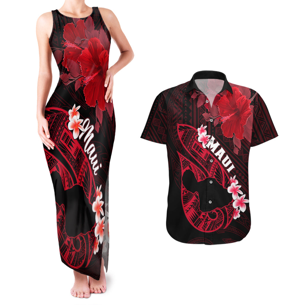 Personalized Hawaii Maui Couples Matching Tank Maxi Dress and Hawaiian Shirt Polynesian Fish Hook Hibiscus Red Version LT05 Red - Polynesian Pride