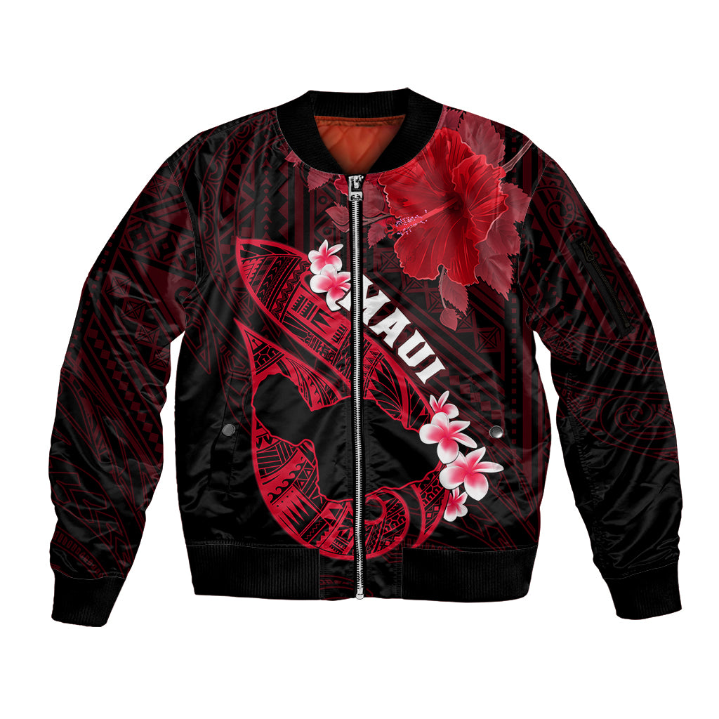 Personalized Hawaii Maui Sleeve Zip Bomber Jacket Polynesian Fish Hook Hibiscus Red Version LT05 Unisex Red - Polynesian Pride
