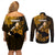 Hawaii Maui Couples Matching Off Shoulder Short Dress and Long Sleeve Button Shirts Polynesian Fish Hook Hibiscus Gold Version LT05 - Polynesian Pride