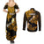Hawaii Maui Couples Matching Summer Maxi Dress and Long Sleeve Button Shirts Polynesian Fish Hook Hibiscus Gold Version LT05 - Polynesian Pride