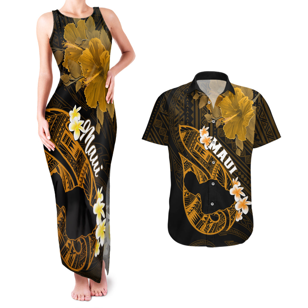 Hawaii Maui Couples Matching Tank Maxi Dress and Hawaiian Shirt Polynesian Fish Hook Hibiscus Gold Version LT05 Gold - Polynesian Pride