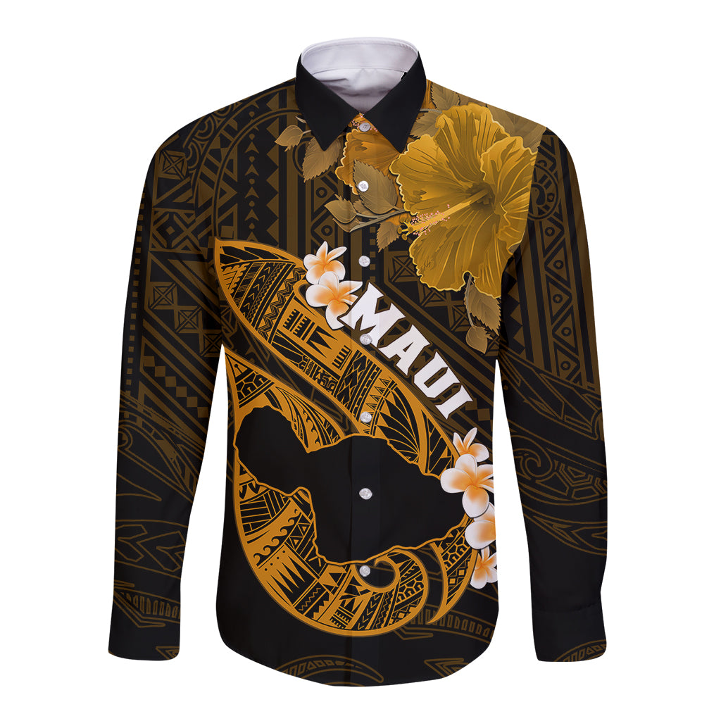 Hawaii Maui Long Sleeve Button Shirt Polynesian Fish Hook Hibiscus Gold Version LT05 Unisex Gold - Polynesian Pride